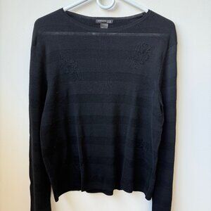 Kenneth Cole Black Striped Slightly Sheer Sweater with Embroidery XL